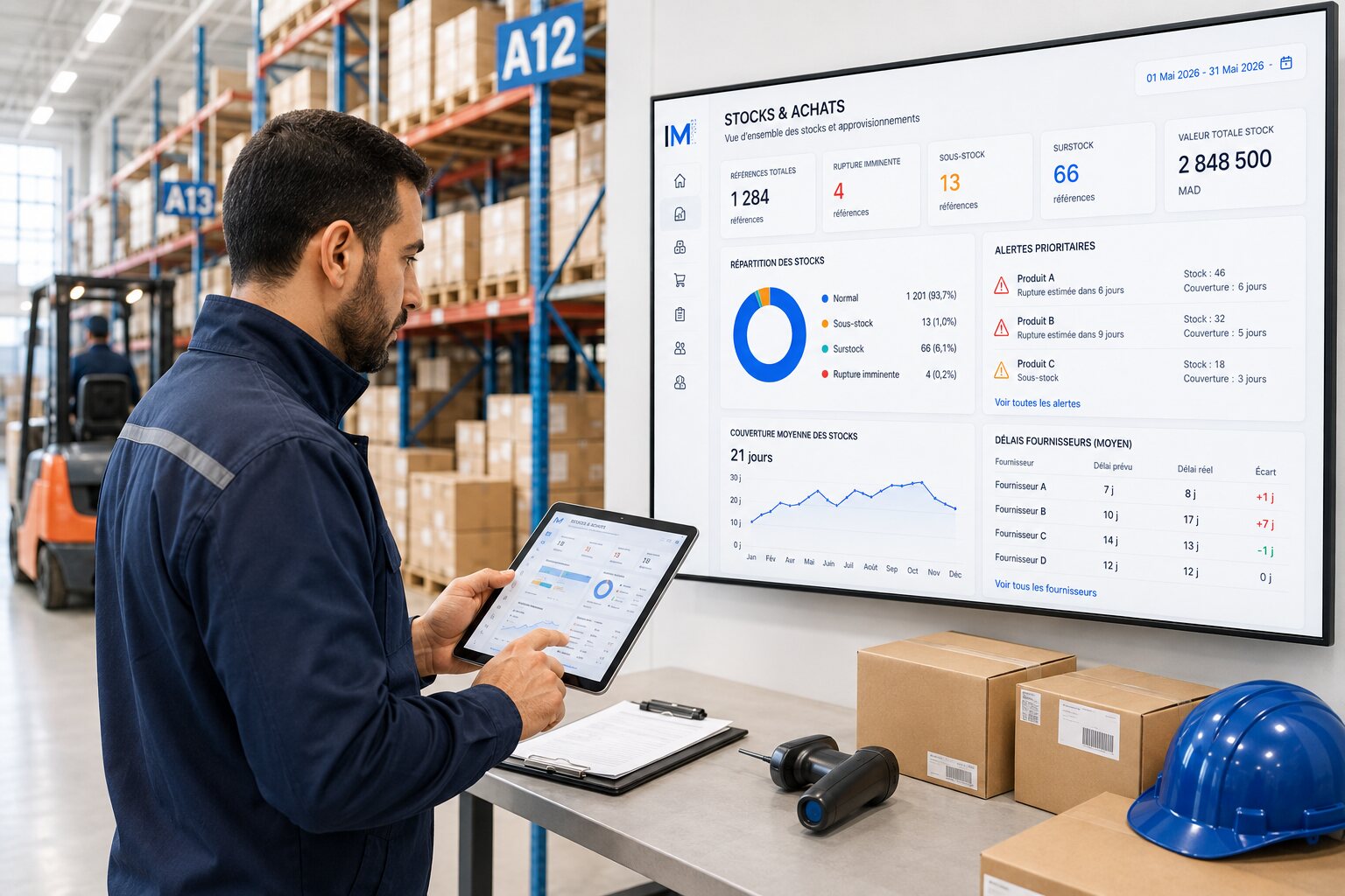 Responsable logistique utilisant une solution IA pour suivre les stocks et les approvisionnements